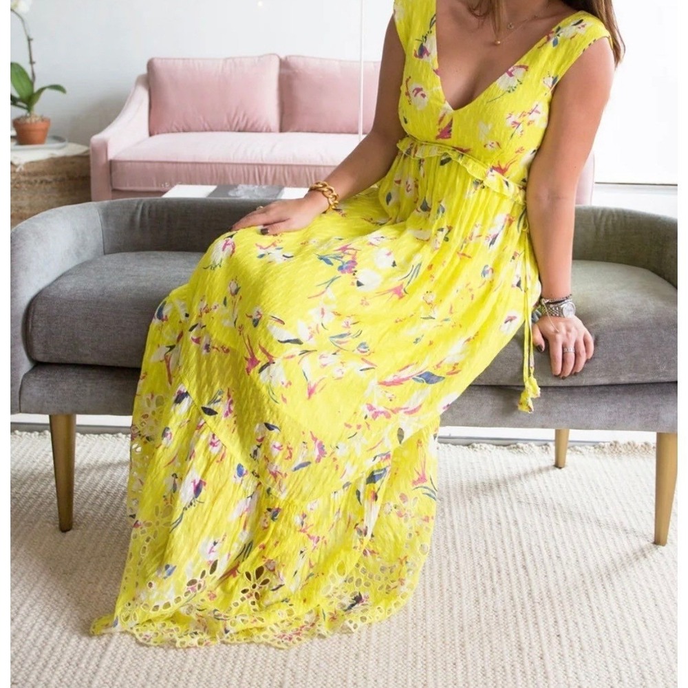 Tanya Taylor Maxi Dress Womens 0 XS Catalina‎ Silk Yellow Floral Eyelet Tiered